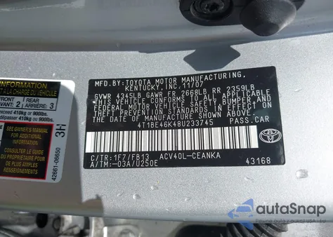 2008 Toyota Camry Le from USA, damaged, VIN 4T1BE46K48U233745